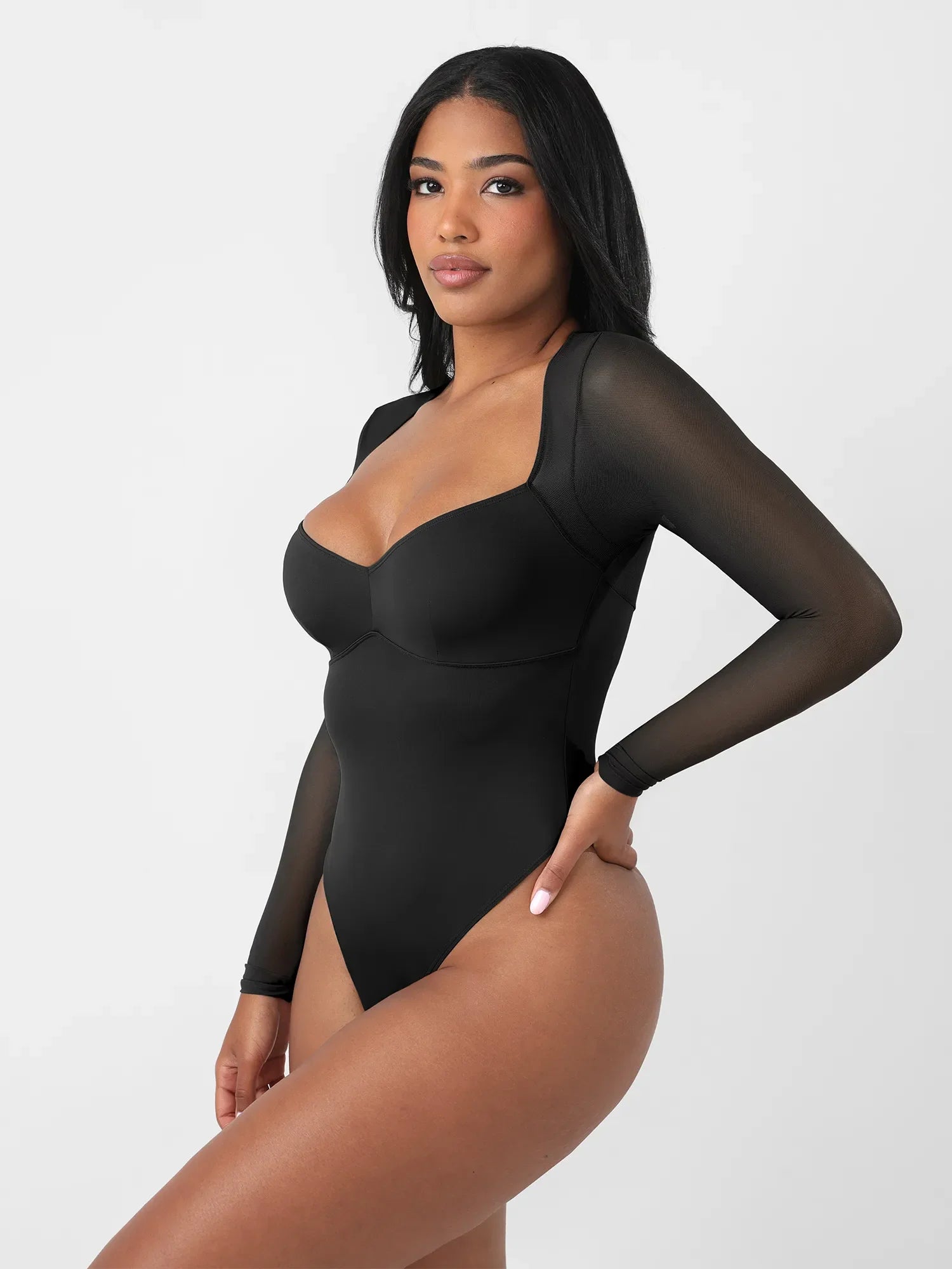 Feelingirl Mesh Panel V-Neck Thong Bodysuit