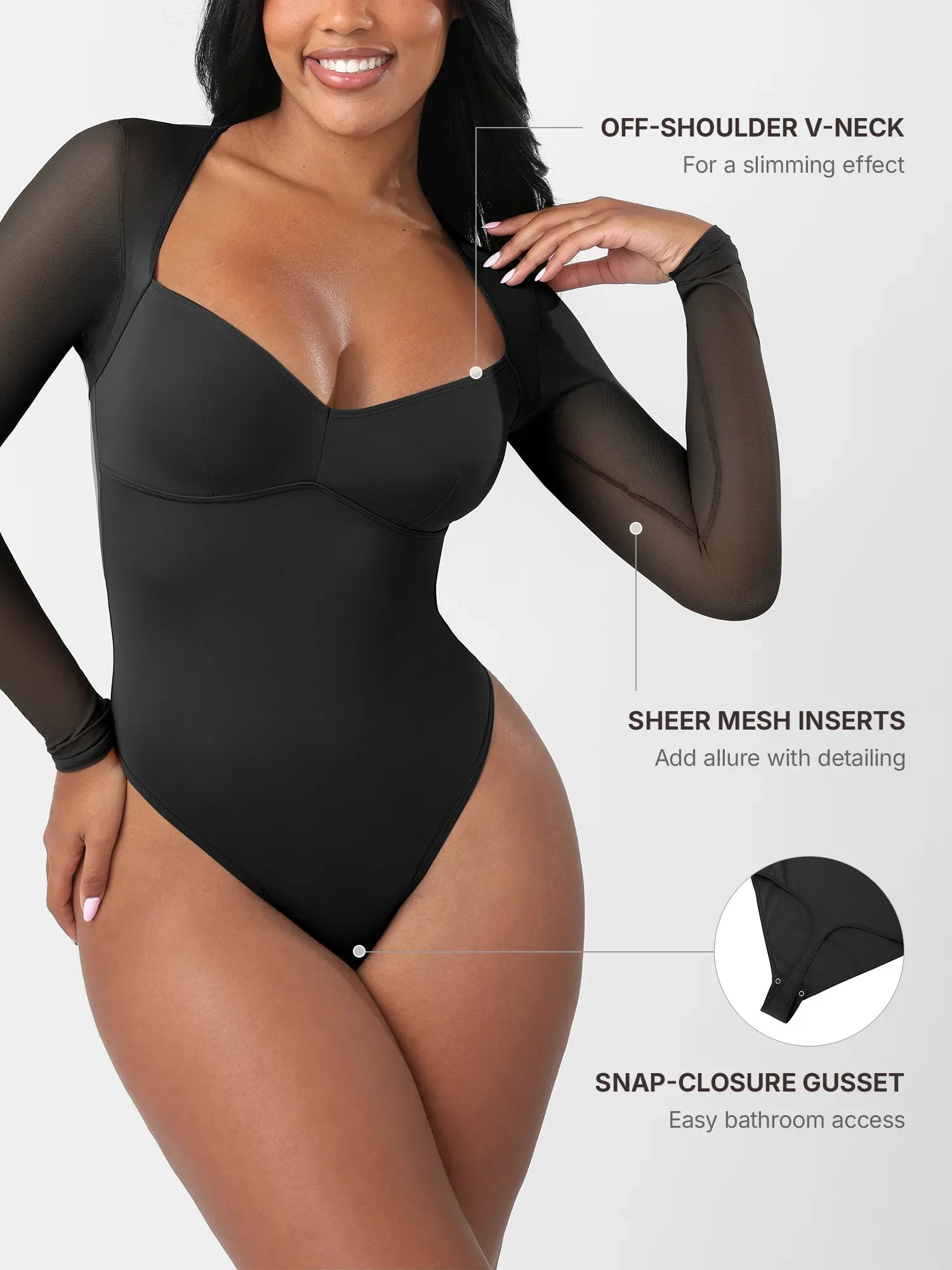 Feelingirl Mesh Panel V-Neck Thong Bodysuit