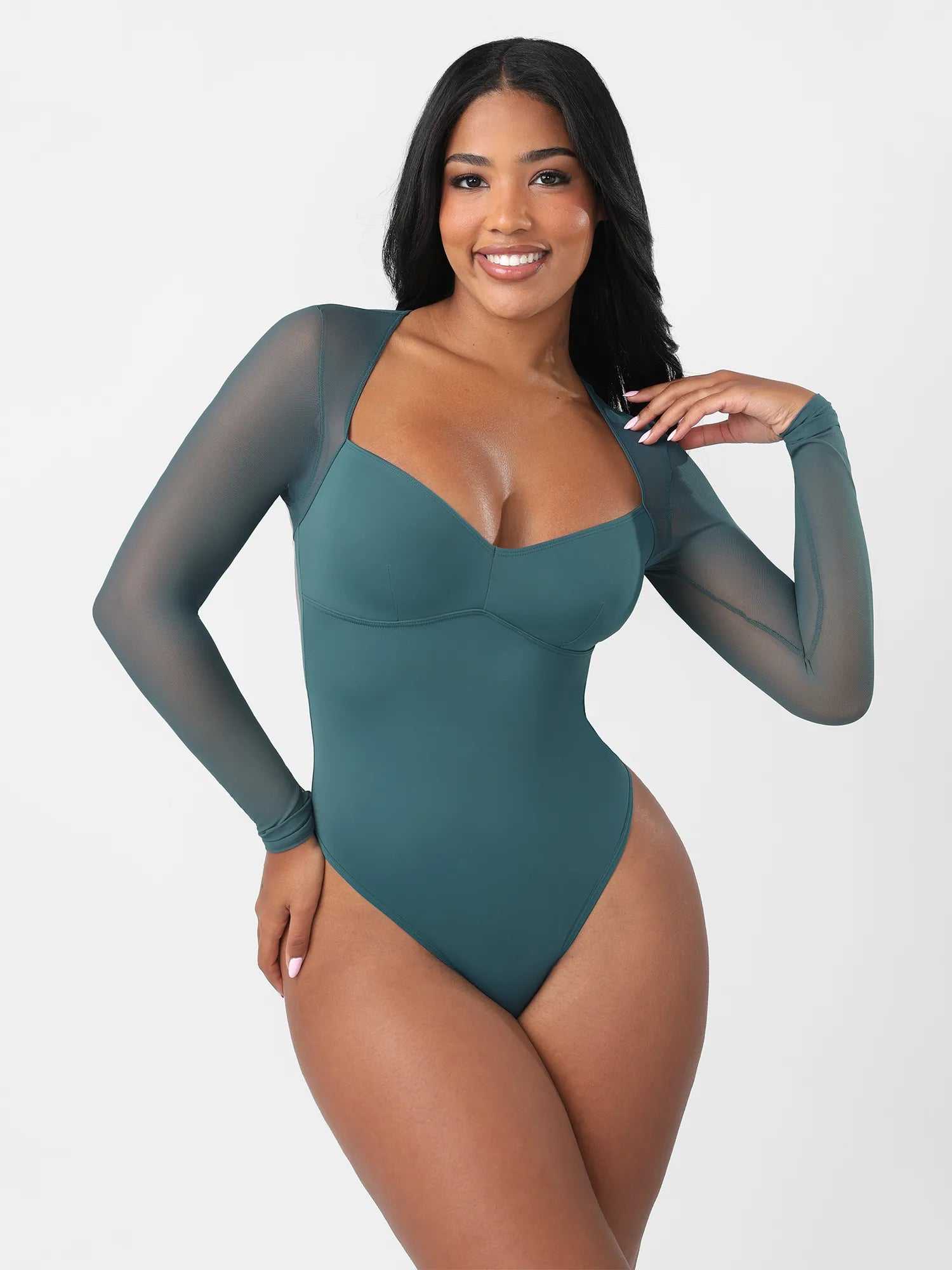 Feelingirl Mesh Panel V-Neck Thong Bodysuit