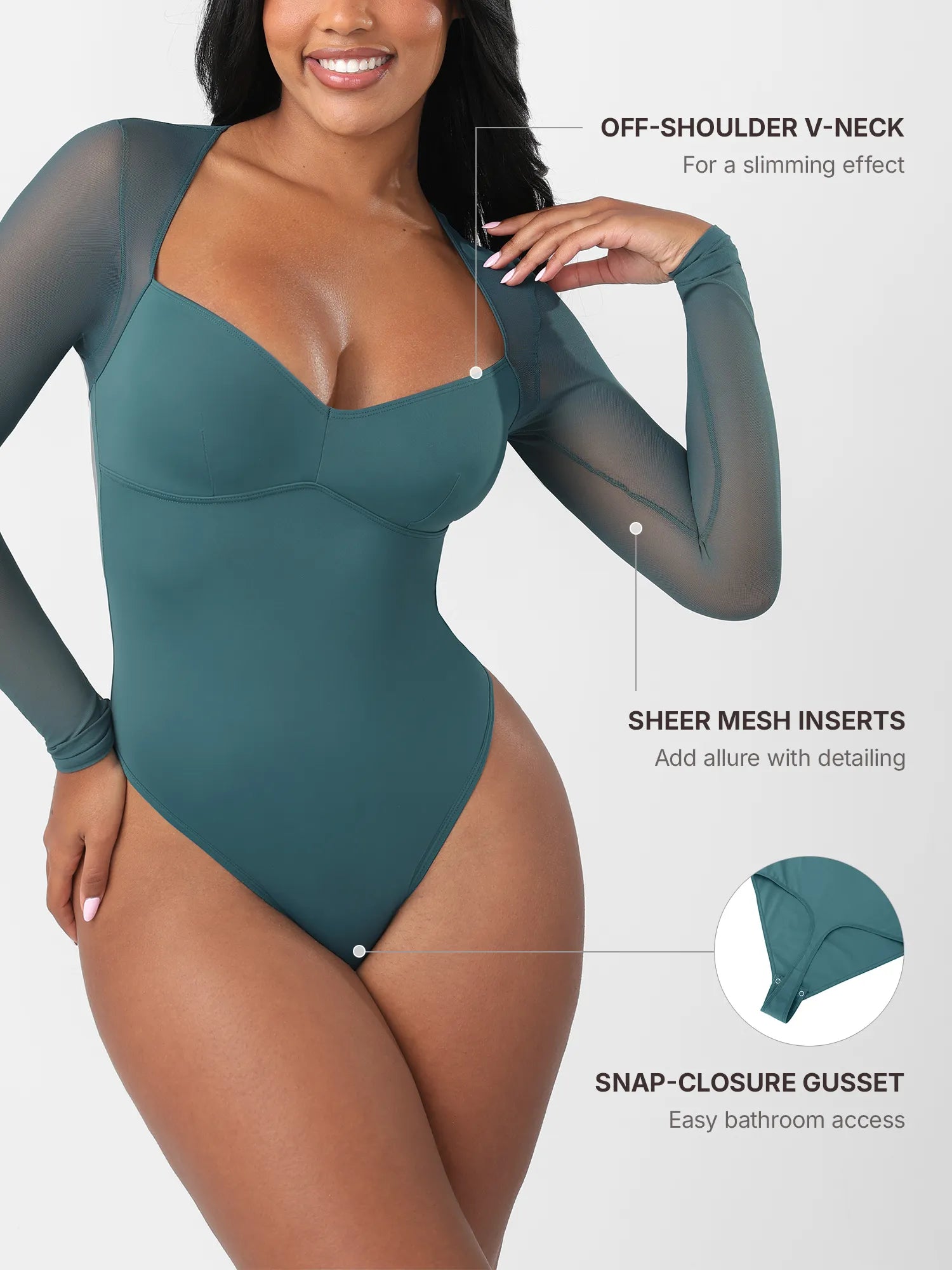 Feelingirl Mesh Panel V-Neck Thong Bodysuit