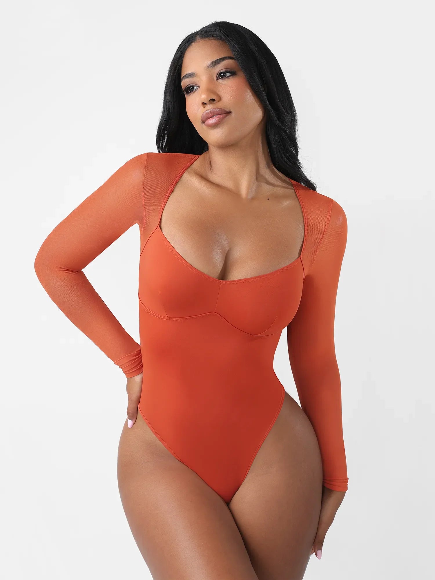 Feelingirl Mesh Panel V-Neck Thong Bodysuit