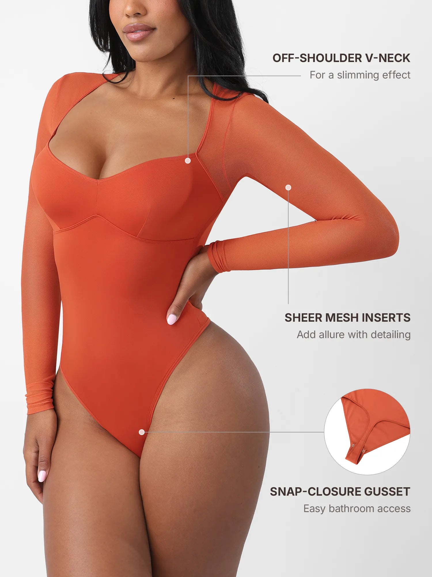 Feelingirl Mesh Panel V-Neck Thong Bodysuit