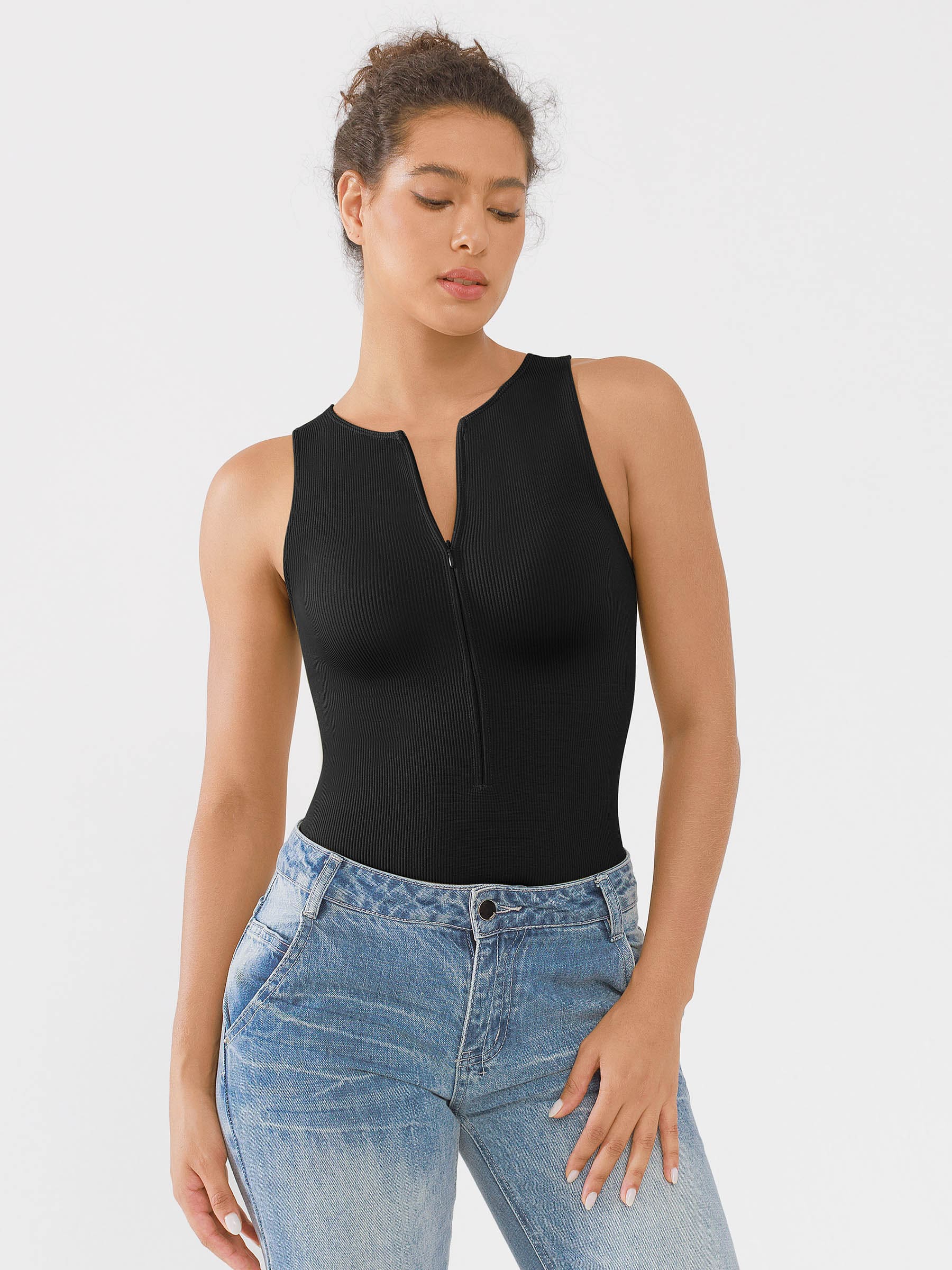 Feelingirl Ribbed Seamless Bodysuit with Crew Neck and Invisible Zip