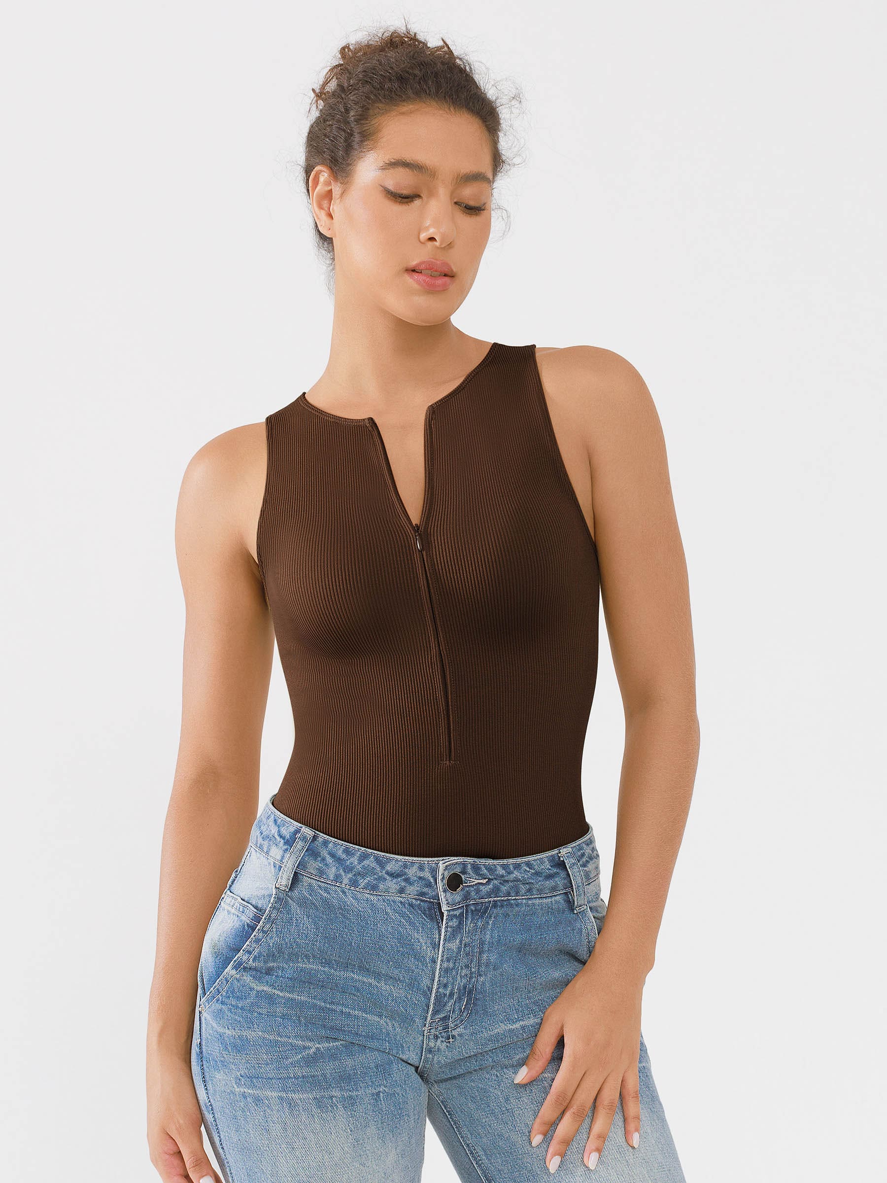 Feelingirl Ribbed Seamless Bodysuit with Crew Neck and Invisible Zip