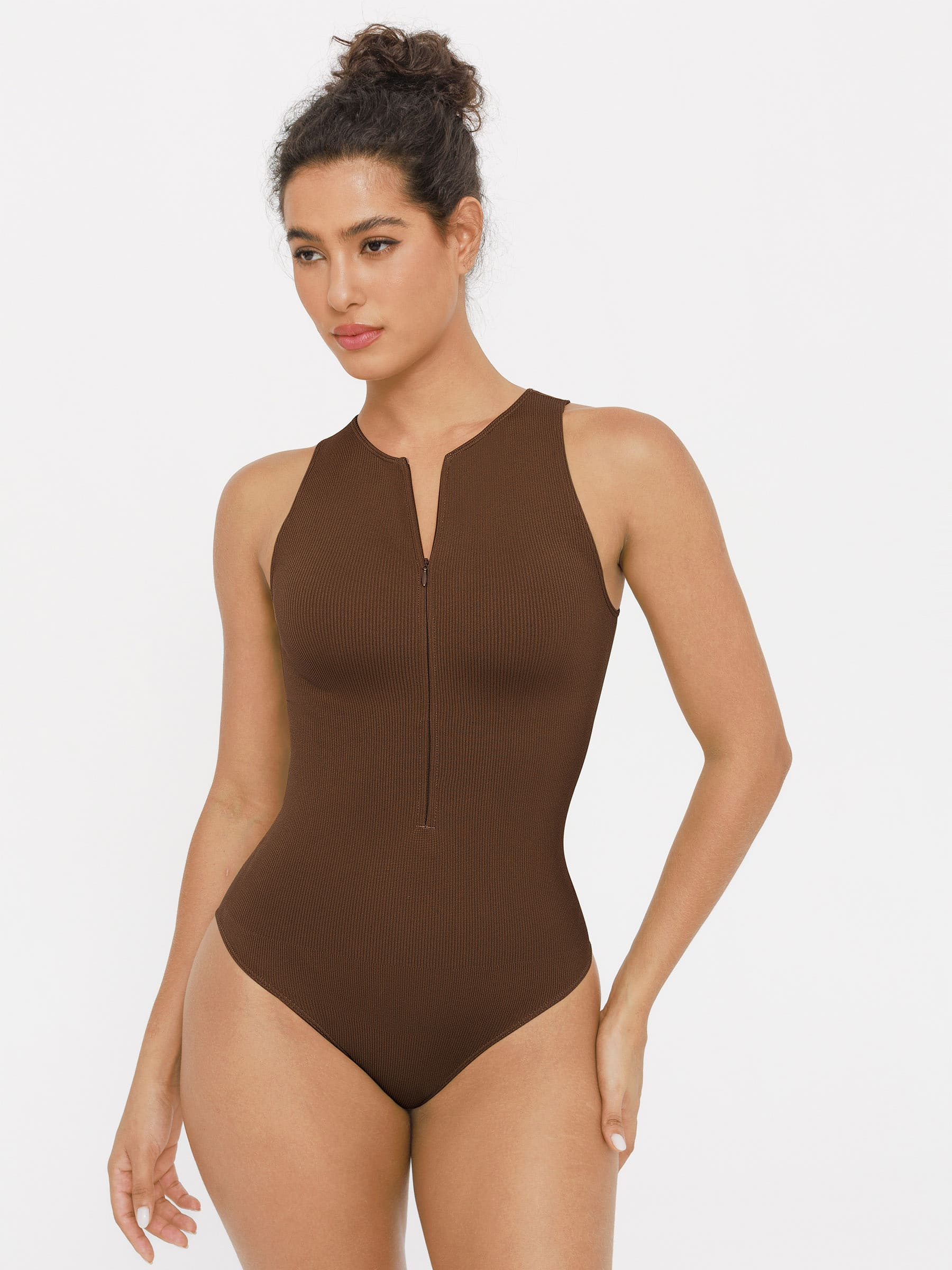 Feelingirl Ribbed Seamless Bodysuit with Crew Neck and Invisible Zip