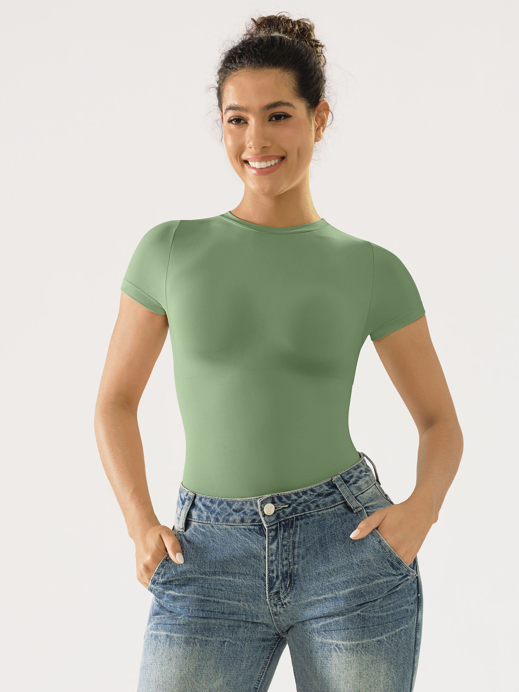Feelingirl Seamless Bodysuit Smooth Soft Fabric Crew Neck Short Sleeve