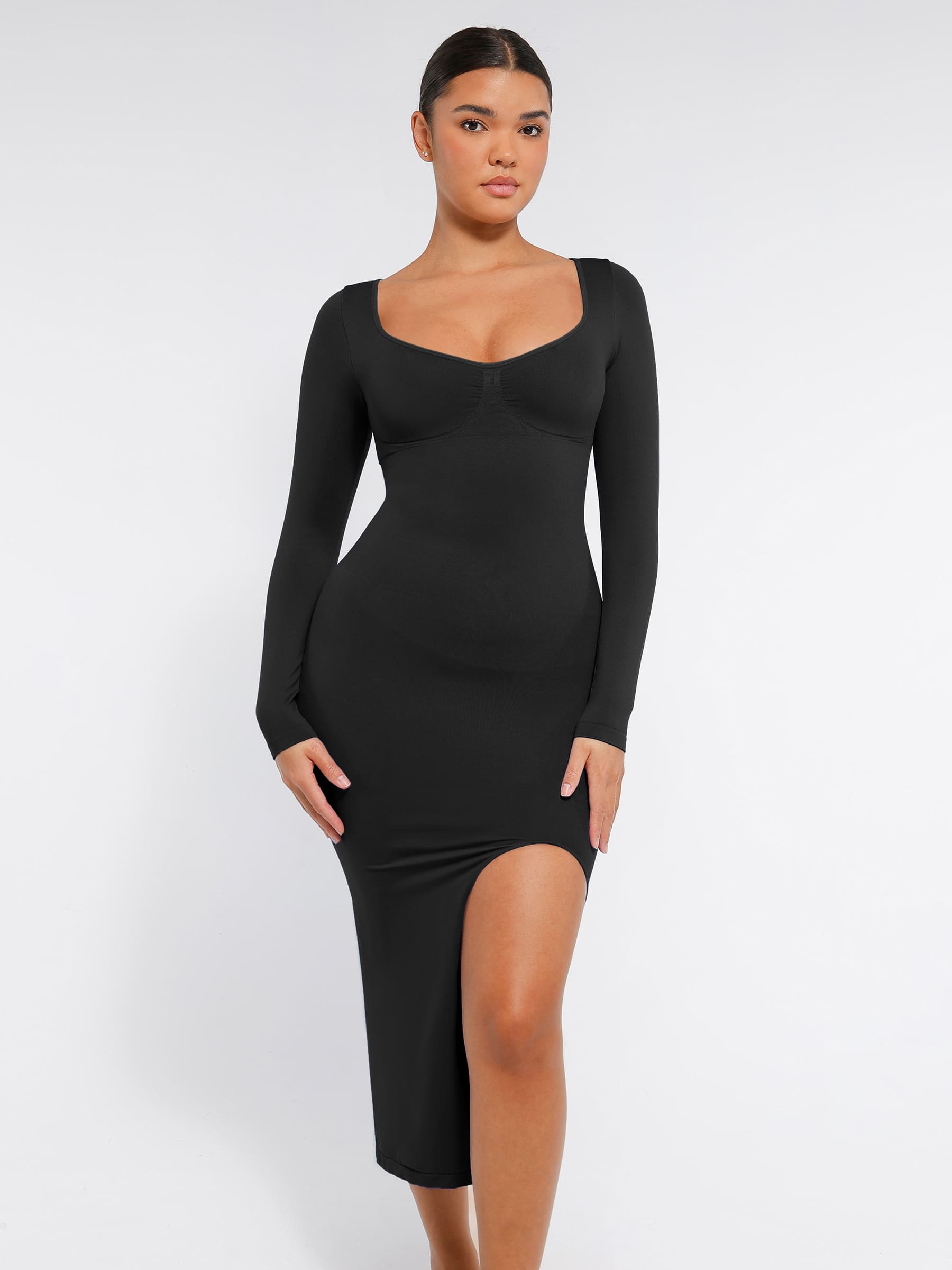 Feelingirl Seamless Long Sleeve Shaper Dress with Removable Pads and High Slit