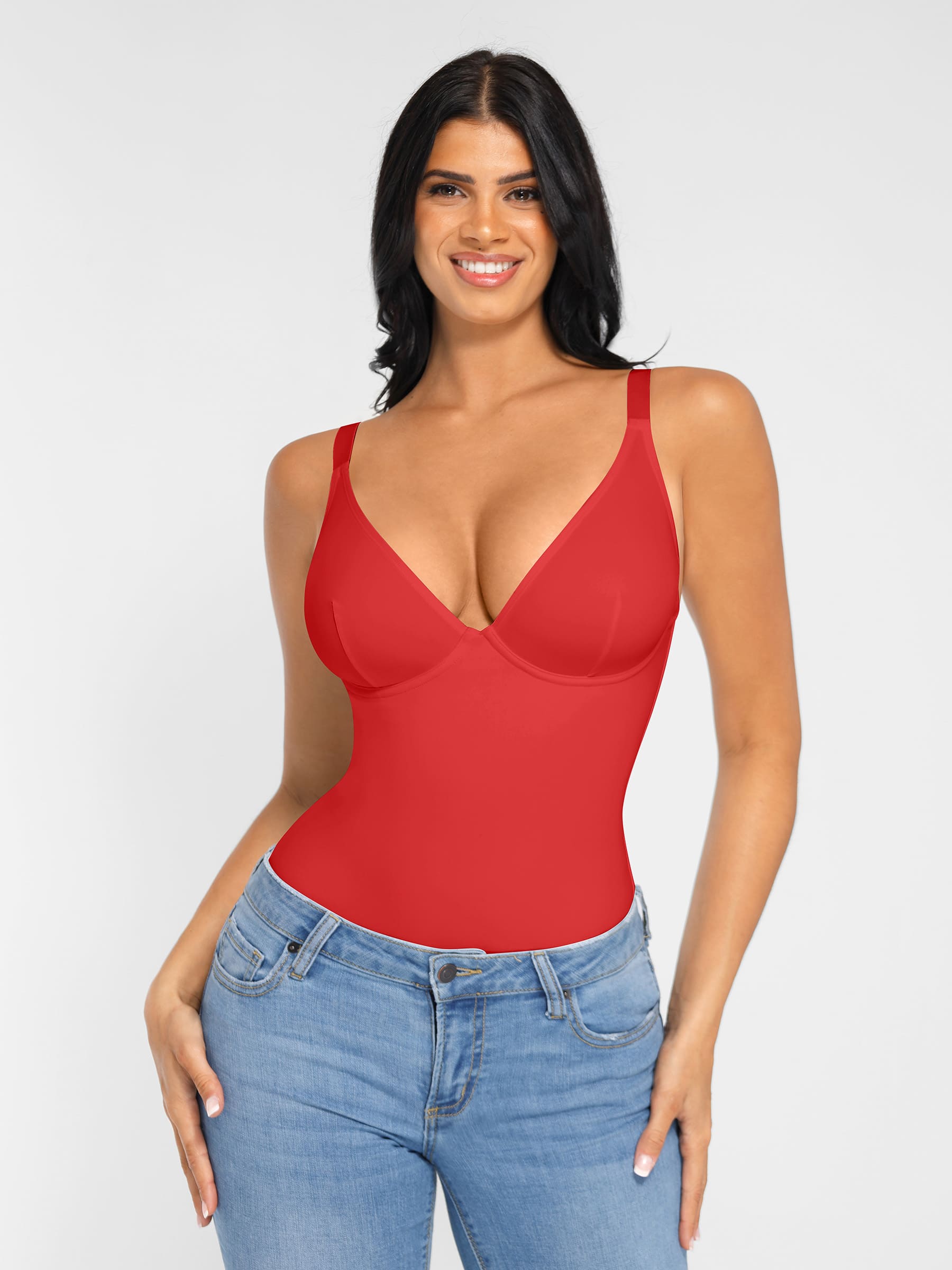 Feelingirl V Neck Adjustable Straps Tummy Control Bodysuit