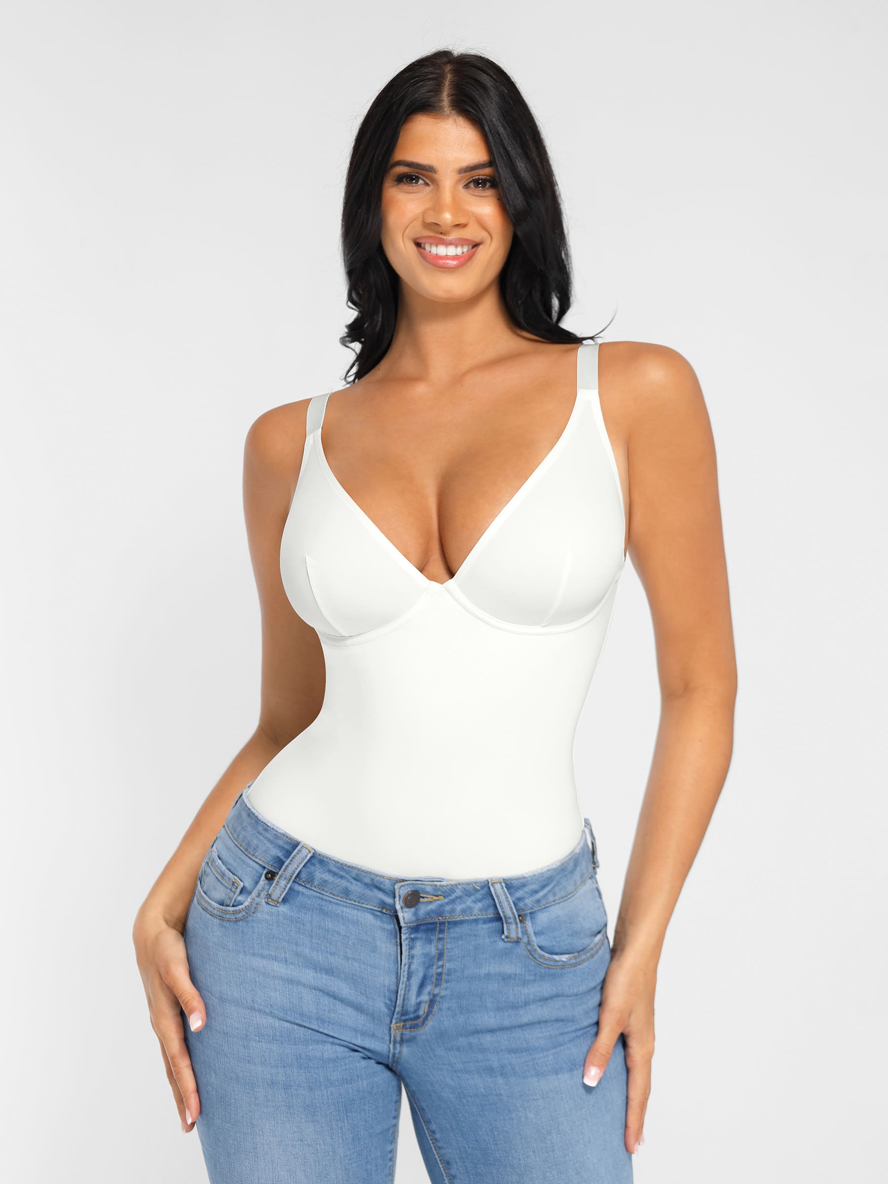 Feelingirl V Neck Adjustable Straps Tummy Control Bodysuit