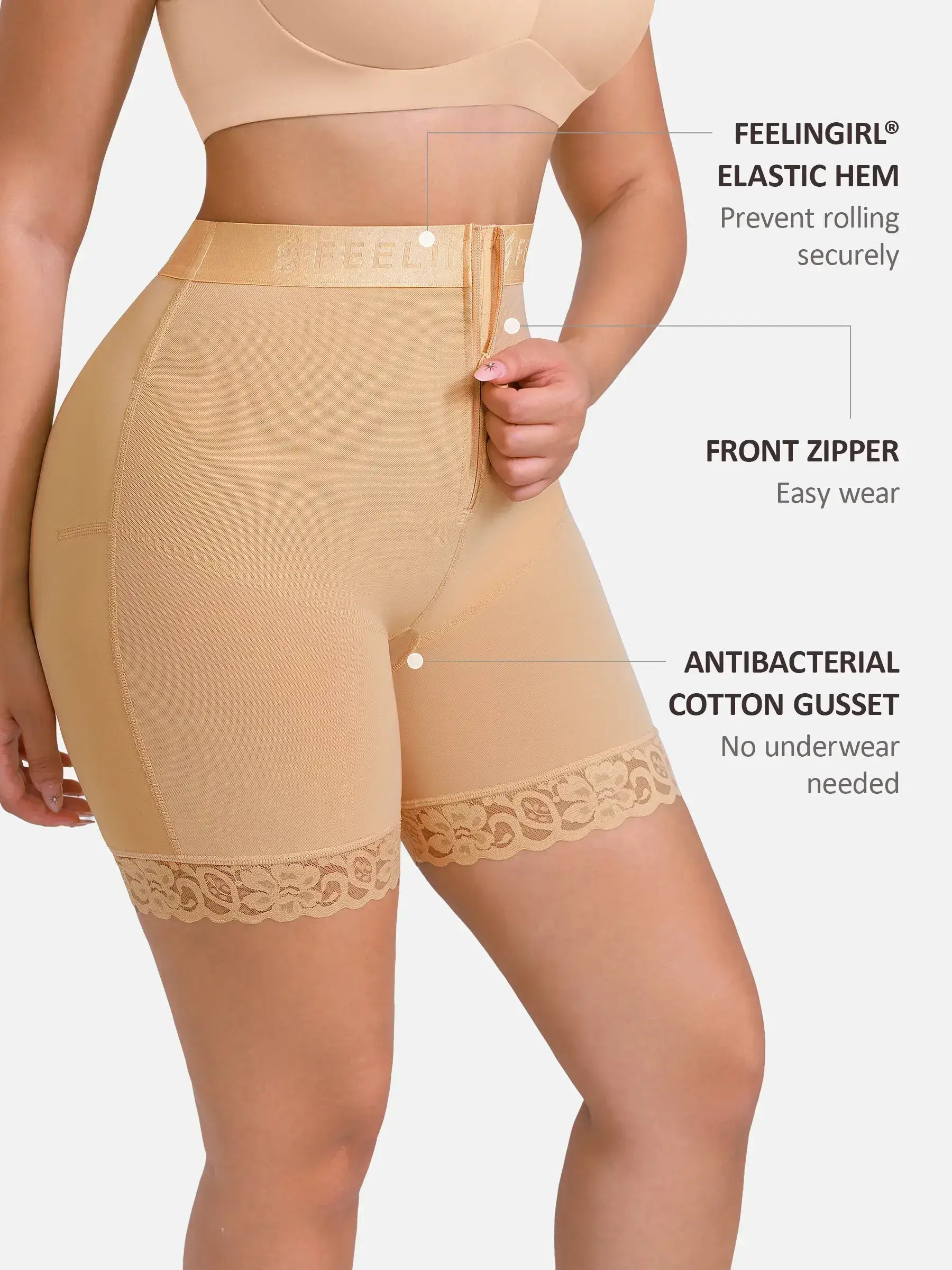 Feelingirl Front-Zip Mid-Waist Shapewear Shorts