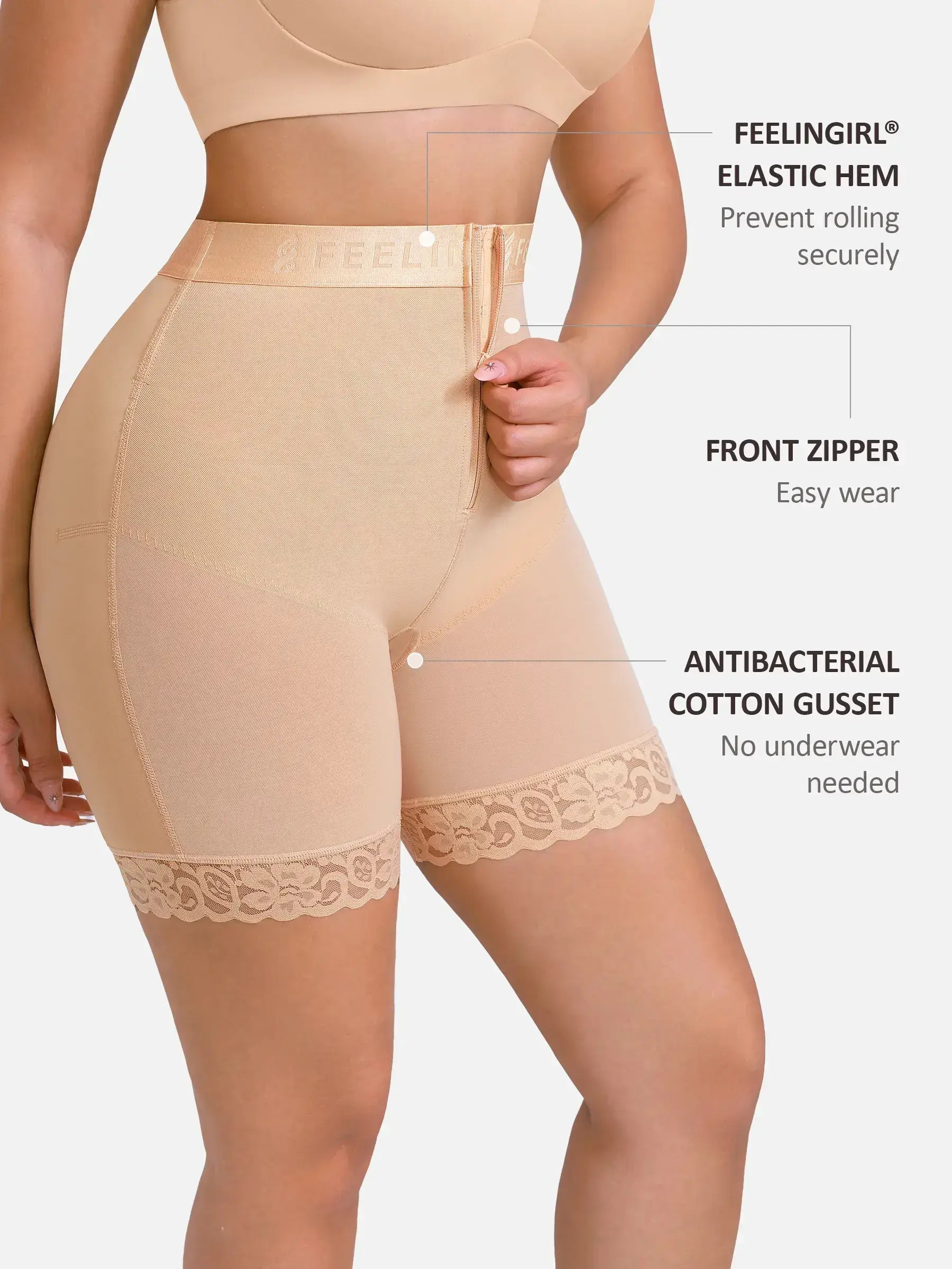 Feelingirl Front-Zip Mid-Waist Shapewear Shorts