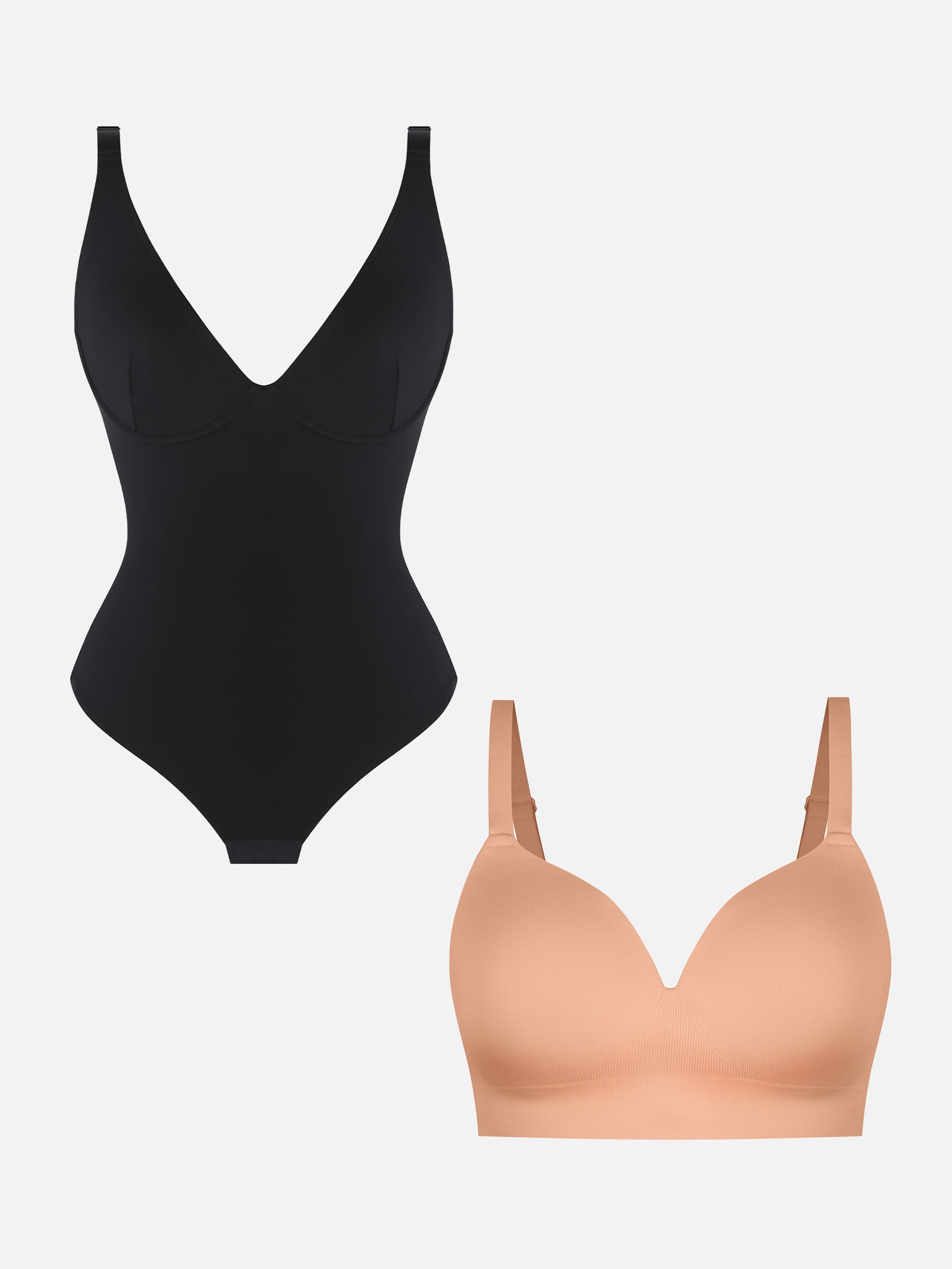 Feelingirl 1 V Neck Shaping Bodysuit + 1 Push-Up Seamless Bra