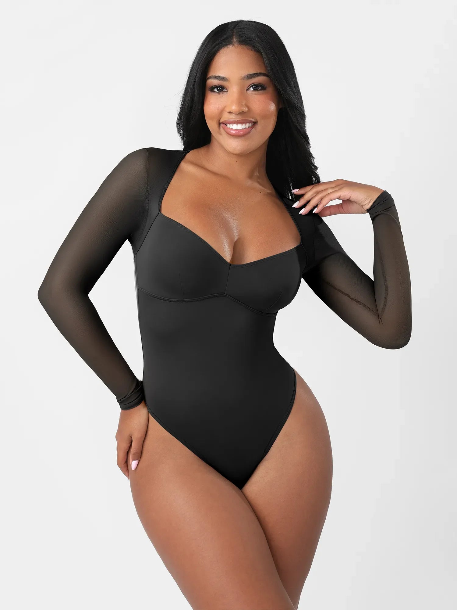 Feelingirl Mesh Panel V-Neck Thong Bodysuit