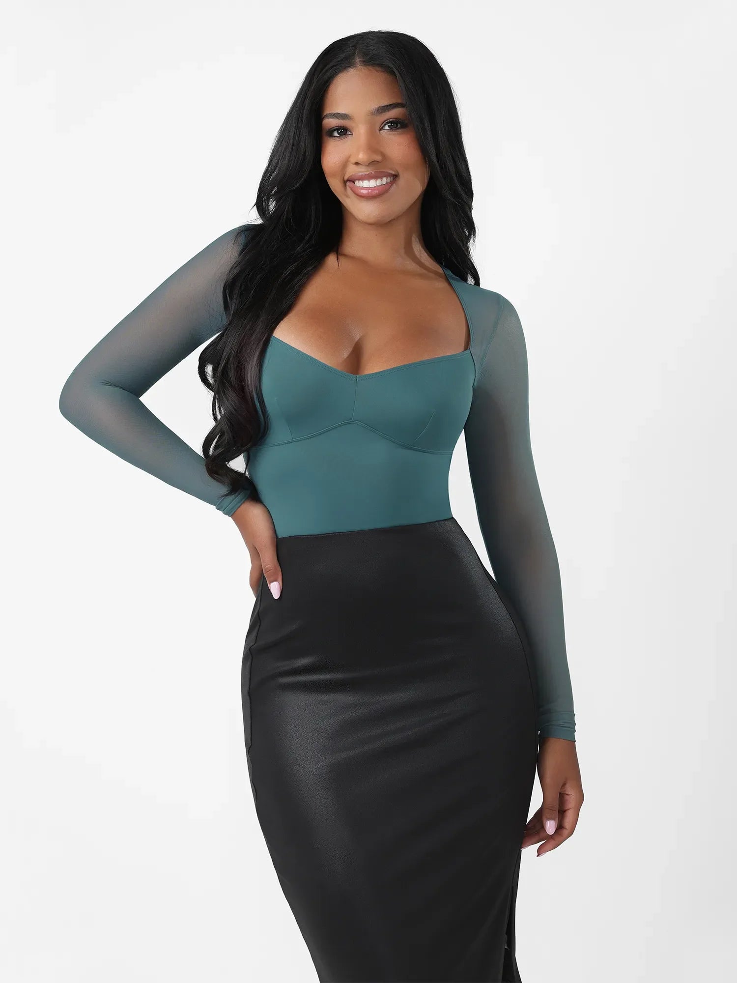 Feelingirl Mesh Panel V-Neck Thong Bodysuit