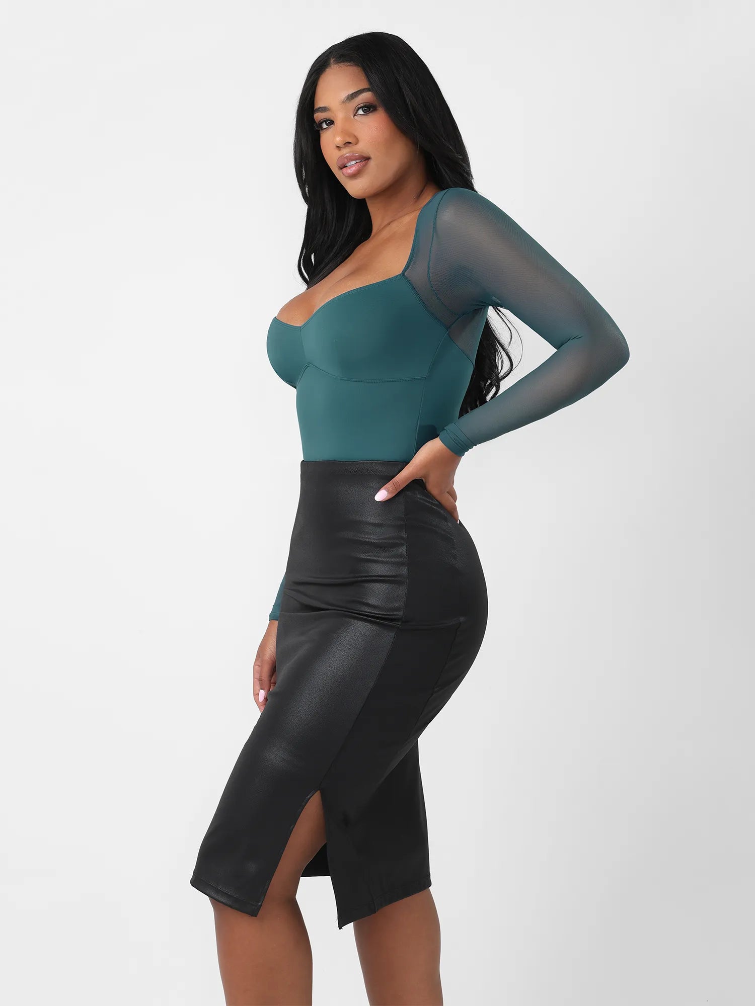 Feelingirl Mesh Panel V-Neck Thong Bodysuit