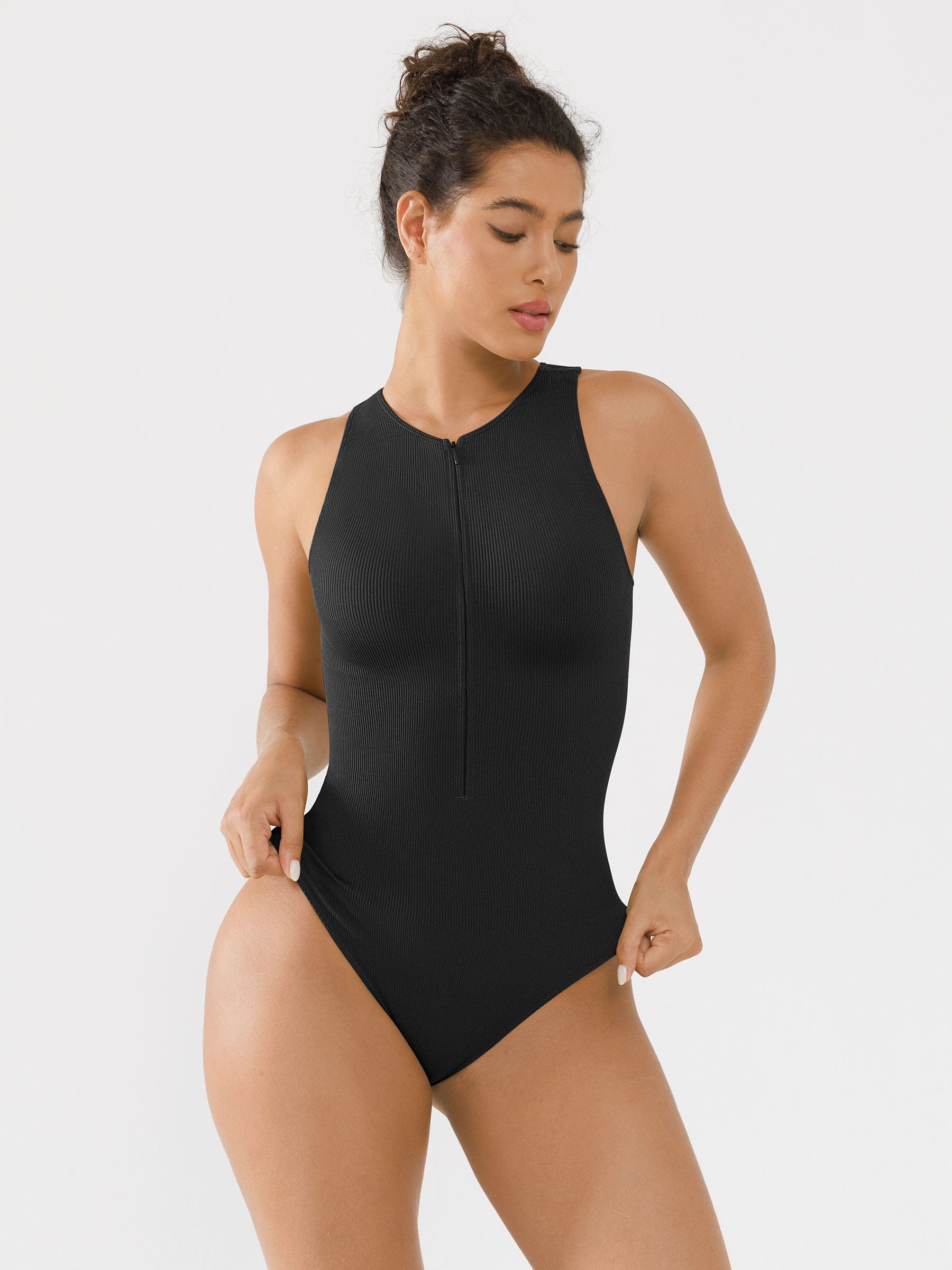 Feelingirl Ribbed Seamless Bodysuit with Crew Neck and Invisible Zip