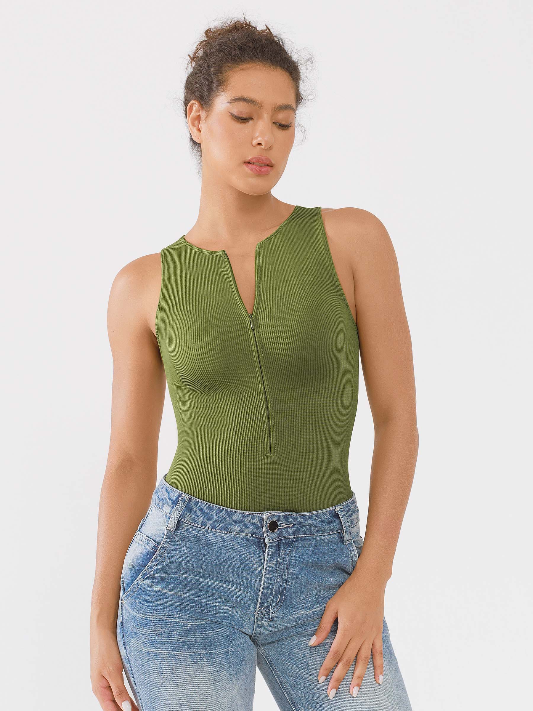 Feelingirl Ribbed Seamless Bodysuit with Crew Neck and Invisible Zip