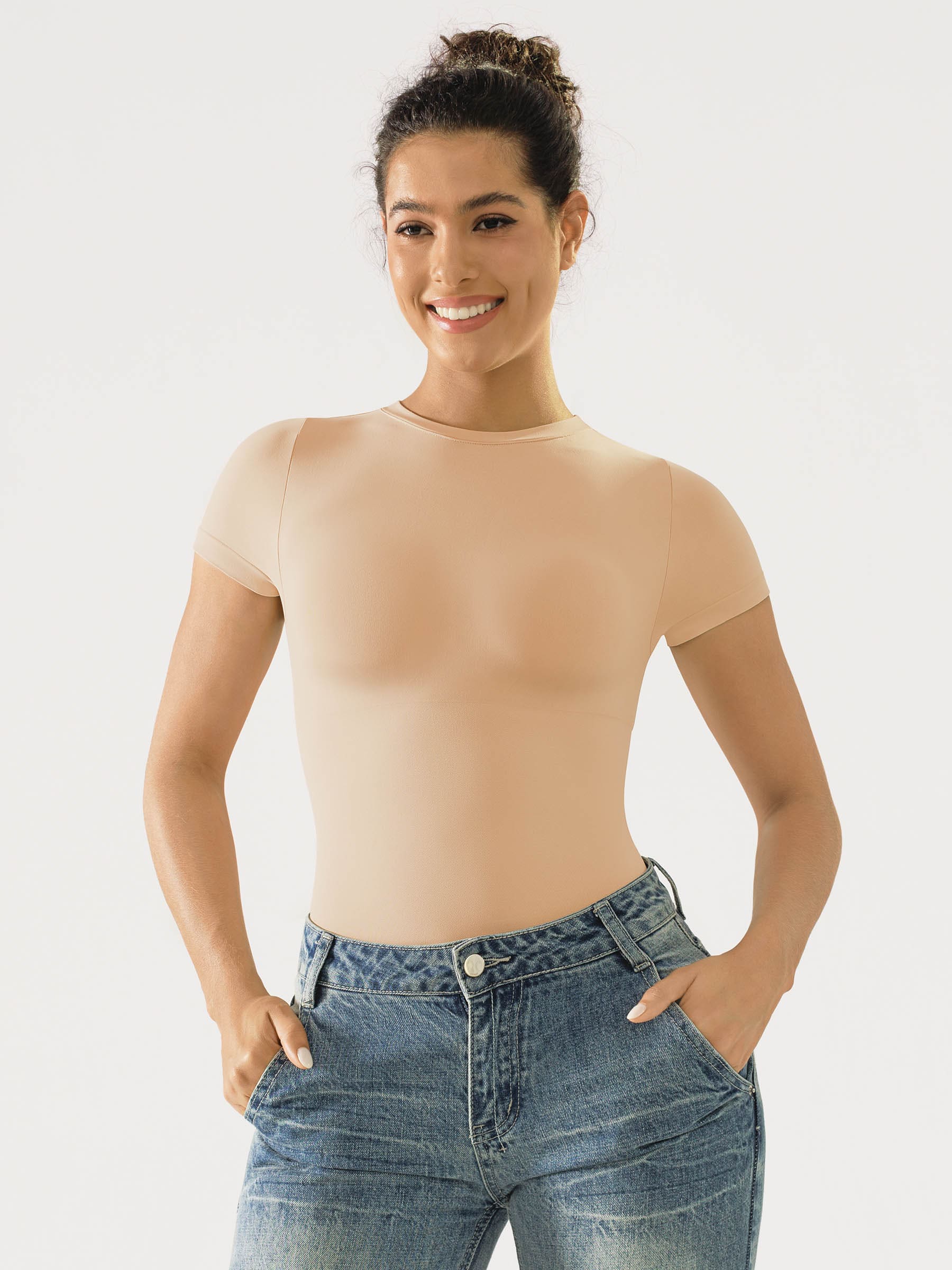 Feelingirl Seamless Bodysuit Smooth Soft Fabric Crew Neck Short Sleeve