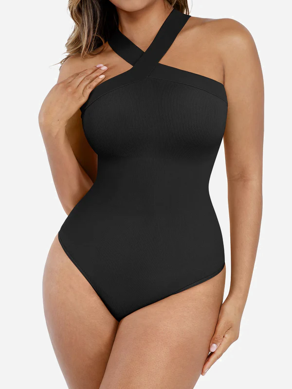 Feelingirl Seamless Crossover Halter Thong Bodysuit Shapewear for Everyday Wear