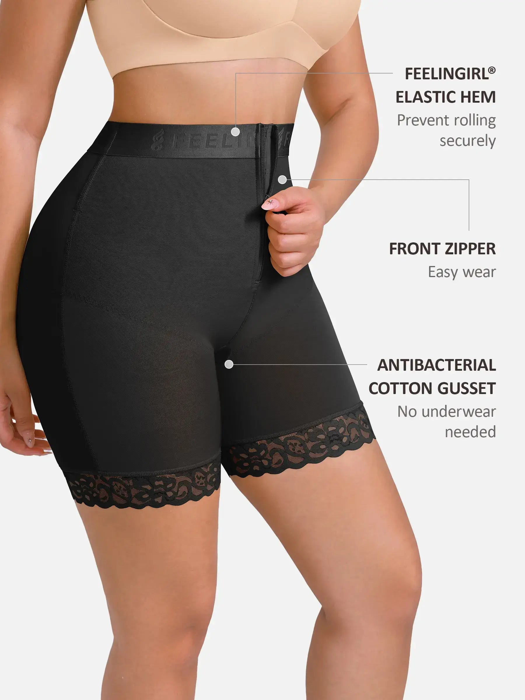 Feelingirl Front-Zip Mid-Waist Shapewear Shorts